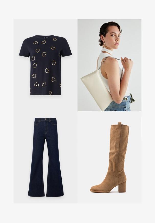 Navy short-sleeve t-shirt in cotton with gold outlined heart patterns scattered across the fabric. Round neckline. Soft texture.; Dark blue flared denim jeans featuring a high waist, front pockets, and golden stitching accents. Smooth texture with a traditional cut.; Knee-high tan suede boot with a block heel, featuring stitched accents and a streamlined silhouette for a modern look.; White rectangular clutch bag made of glossy material, featuring a silver chain strap. Model poses, showcasing the bag against a plain background.