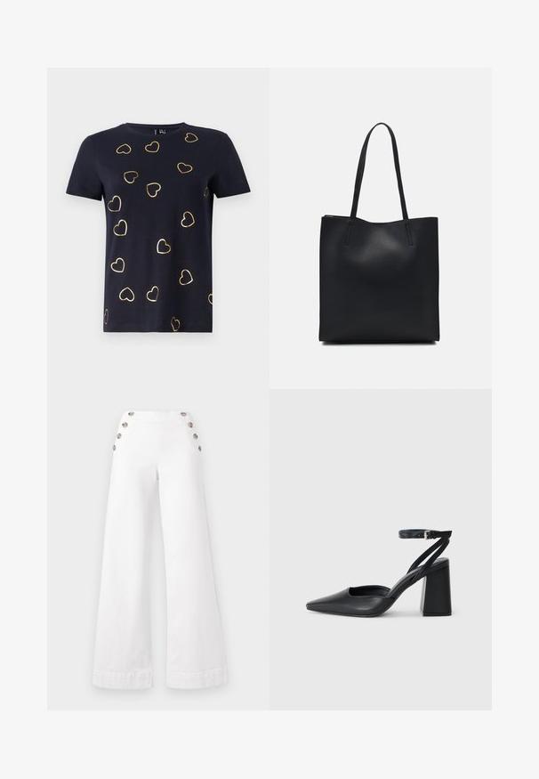 Marineblaues T-Shirt mit kurzen Ärmeln aus Baumwolle, mit goldumrandeten Herzmustern, die über den Stoff verteilt sind. Rundhalsauschnitt. Weiche Textur.; Weiße, weit geschnittene Hose aus Baumwolle mit großen dekorativen Knöpfen an den Seiten, verfügt über eine glatte Textur und saubere Nähte.; Schwarze Leder-Pumps mit spitzer Zehe, einem Knöchelriemen und einem blockigen Absatz. Flache Textur, elegantes Design und minimalistische Ästhetik.; Schwarze Laptoptasche aus Leder mit glatter Textur, rechteckiger Form und zwei langen Griffen. Keine sichtbaren Beschläge oder Verzierungen.