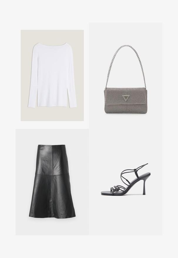 Witte lange mouwen top met een brede halslijn, zijsplitten en een gladde, lichtgewicht stof, met een eenvoudig, minimalistisch ontwerp.; Zwarte leren A-lijn rok met naden en een gladde textuur, die naar de zoom toe versmalt. Eenvoudig ontwerp zonder extra versieringen.; Zwarte hoge hakken sandaaltjes hebben dunne banden met een geknoopt ontwerp, een gladde vierkante neus en een elegante stiletto-hak.; Lichtgrijze metallic handtas met een kettingriem, versierd met kleine ronde metallic studs en een driehoekig merkimago.; Zilveren metalen oorbellen met een gladde, druppelvorm en een gepolijste afwerking. Subtiele gravures voegen detail toe. Minimalistisch ontwerp.