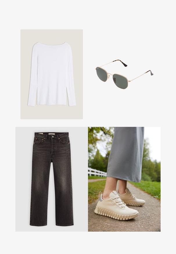 Weißes Langarmoberteil mit weitem Ausschnitt, seitlichen Schlitzen und einem glatten, leichten Stoff, das ein einfaches, minimalistisches Design aufweist.; Schwarze Jeans aus Denim mit geradem Bein. Verfügt über kupferne Nieten und Taschen. Glatte Textur und leicht verwaschene Optik.; Cremfarbene Sneakers aus strukturiertem Leder, mit abgerundetem Zehenbereich und flexibler, gerippter Sohle. Verfügt über graue Akzente und ein schnürbares Design.; Goldfarbene Metallrahmen-Sonnenbrillen mit dunkelgrünen Gläsern im Pilotenstil, mit schlanken Bügeln und Schildpatt-Akzenten an den Spitzen.; Braune Wildleder-Hobo-Tasche mit einem glatten Lederboden, geschwungener Form, goldfarbener Hardware und einem zentralen Riemenakzent mit Logodetail.