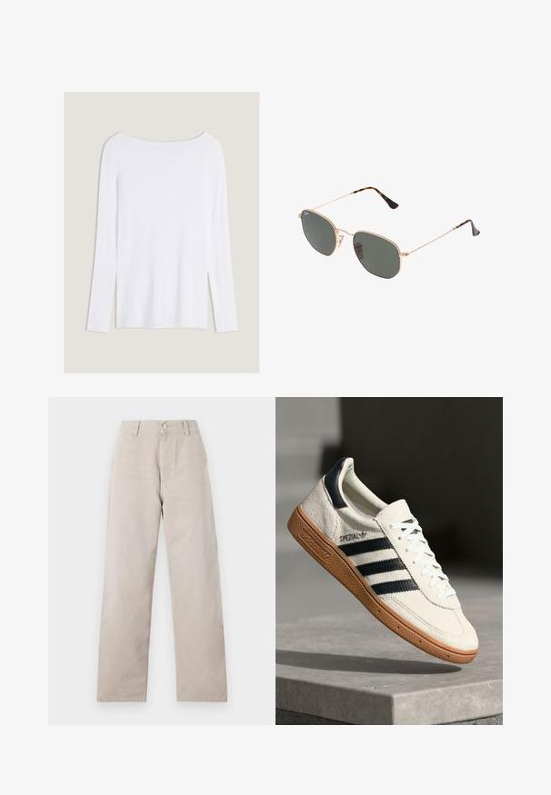 Bílý dlouhý rukávový top s širokým výstřihem, bočními rozparky a hladkým, lehkým materiálem, který má jednoduchý, minimalistický design.; Beige rovné kalhoty vyrobené z hladkého bavlněného materiálu. Mají zapínání na knoflík, poutka na opasek a boční kapsy. Jednoduchý, čistý design.; Bílé semišové tenisky s námořnickými pruhy, gumovou podrážkou, texturovaným svrškem, kulatou špičkou a šněrováním; obsahují branding na boku a na jazyku.; Sluneční brýle s kovovým zlatým rámem a tmavě zelenými skly, styl aviatorek, s úzkými obroučkami a želvovinovými akcenty na špičkách.; Černá prošívaná taška z umělé kůže s řetízkem, která má hexagonální vzor a dekorativní detail křídel na přední straně.