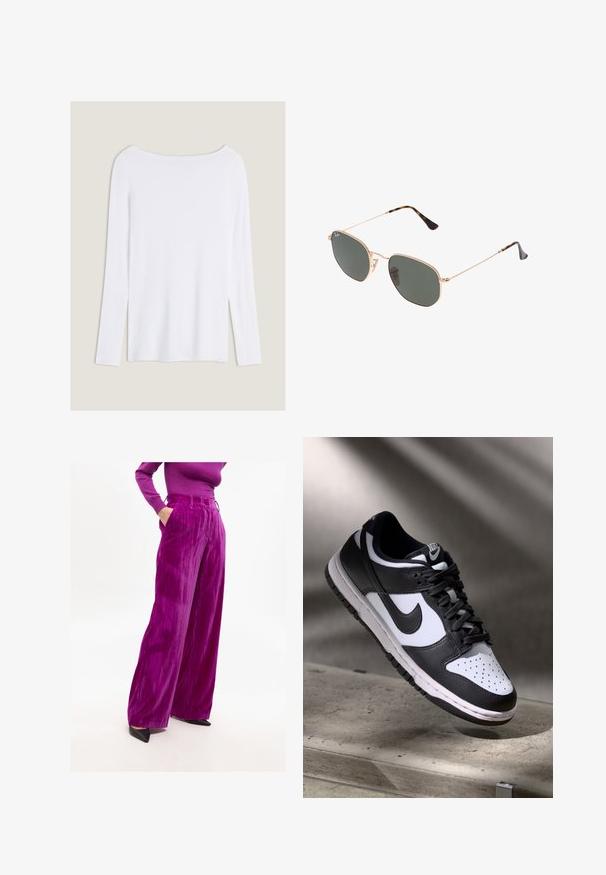 Biała bluzka z długim rękawem o szerokim dekolcie, z bocznymi rozcięciami i gładkiego, lekkiego materiału, charakteryzująca się prostym, minimalistycznym designem.; Jasnofioletowe spodnie o szerokich nogawkach wykonane z teksturowanej tkaniny, z wysokim pasem i bocznymi kieszeniami, połączone z czarnymi, szpiczastymi butami.; Czarno-białe sneakersy Nike Dunk Low z cholewką skórzaną, perforowanym noskiem i czarnymi sznurowadłami, z białą podeszwą i akcentami logo.; Złote okulary przeciwsłoneczne w stylu aviatora z ciemnozielonymi soczewkami, z wąskimi ramionami i akcentami w panterkę na końcach.; Szara tkana torba w kształcie trójkąta, z jednym paskiem i teksturowaną powierzchnią, zamykana na zamek, z równomiernym wzorem na całej powierzchni.