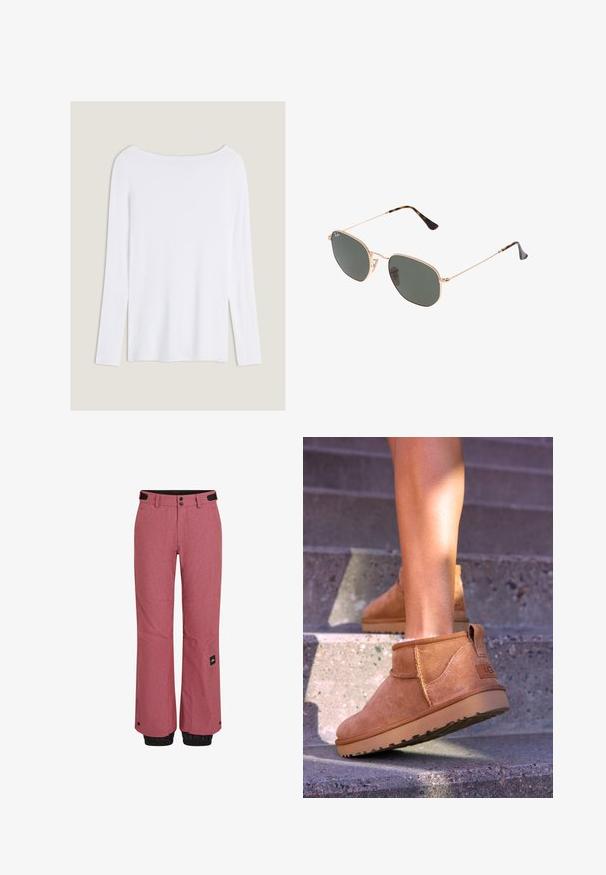 Biała bluzka z długim rękawem o szerokim dekolcie, z bocznymi rozcięciami i gładkiego, lekkiego materiału, charakteryzująca się prostym, minimalistycznym designem.; Czerwone spodnie narciarskie o chropowatej powierzchni, z czarnymi elastycznymi mankietami u kostek, przednimi kieszeniami oraz metką marki na dolnej lewej nodze.; Brązowe zamszowe botki za kostkę o miękkiej teksturze, z przeszyciami i gumową podeszwą, wyposażone w pętelkę na pięcie dla łatwego zakładania.; Złote okulary przeciwsłoneczne w stylu aviatora z ciemnozielonymi soczewkami, z wąskimi ramionami i akcentami w panterkę na końcach.; Brązowa torebka typu tote z zaokrąglonym kształtem, podwójnymi uchwytami i metalowym akcentem. Z przodu znajduje się małe logo.