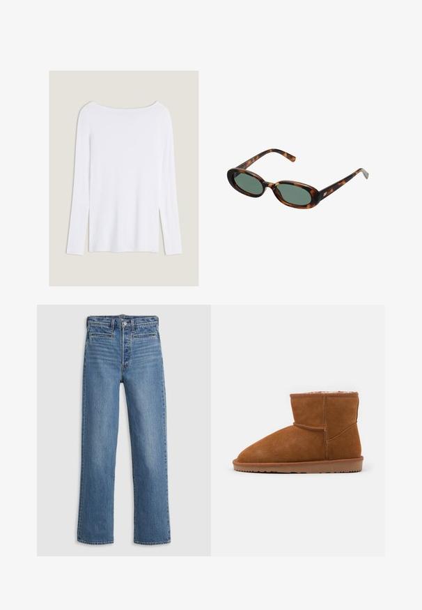 Top blanco de manga larga con escote amplio, aberturas laterales y una tela suave y ligera, que presenta un diseño simple y minimalista.; Jeans de mezclilla de corte recto en azul claro. Sus características incluyen una bragueta con botones, cinco bolsillos y un ligero desgaste. Sin adornos ni patrones.; Botín de ante marrón hasta el tobillo con punta redondeada y forro suave, que cuenta con una suela de goma plana y detalles de costura mínimos.; Gafas de sol de carey con montura ovalada y lentes verdes. Presentan brazos delgados con un detalle metálico cerca de las bisagras.; Bolsa tote de color beige tejida, con un diseño holgado y una sola correa para el hombro. Presenta un patrón texturizado en toda la superficie.; Pinza para el cabello de acrílico translúcido con un sutil brillo iridiscente. Forma redondeada con seis garfios curvados para un agarre seguro del cabello.