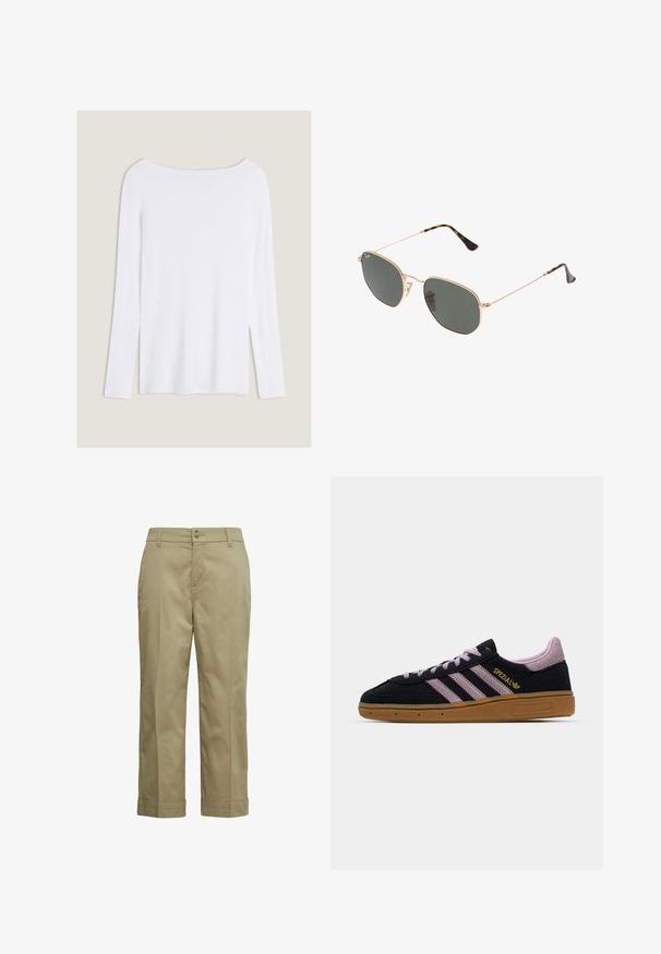 White long-sleeve top with a wide neckline, side slits, and a smooth, lightweight fabric, featuring a simple, minimalistic design.; Khaki trousers in lightweight cotton, featuring a straight-leg design, button closure, and folded cuffs. Smooth texture with minimal detailing.; Black and pink suede sneaker with rubber sole, three pink stripes, golden "SPEZIAL" branding, and textured gum sole. Low-top design.; Gold metal-frame sunglasses with dark green lenses, aviator style, featuring slim arms and tortoiseshell accents on the tips.; Black quilted faux leather bag with a chain strap, featuring a hexagonal pattern and a decorative wing detail on the front.