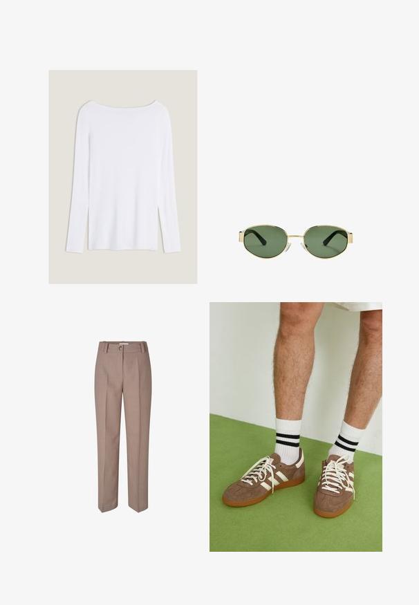 White long-sleeve top with a wide neckline, side slits, and a smooth, lightweight fabric, featuring a simple, minimalistic design.; Beige tailored trousers with a straight-leg design, featuring a button closure and pleated front. Smooth texture and polished finish.; Brown suede sneakers with white accents and laces. Rubber gum sole. Worn with white socks featuring black stripes. Green textured flooring.; Gold metal-framed sunglasses with green tinted lenses, oval shape, black temples, and clear nose pads. Clean, minimalist design.; Brown leather hobo bag with a rounded shape, featuring a gold hardware accent and contrast stitching. Paired with a denim shirt and jeans.