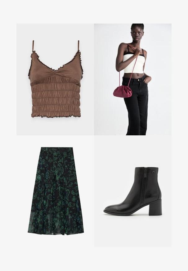 Brown cropped top made of soft fabric, featuring a shirred design, adjustable straps, and ruffled edges with black accents.; Black skirt with green floral pattern, featuring ruffled edges and pleats. Made from lightweight fabric, offering a flowing silhouette.; Black ankle boots made of smooth leather with a side zipper. Features a pointed toe and a textured block heel for stability.; Burgundy soft fabric handbag with a gathered design and a long strap, worn crossbody. Model wears a white crop top and black jeans.