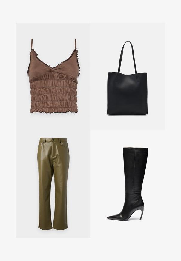 Top court marron en tissu doux, présentant un design froncé, des bretelles ajustables et des bords volantés avec des accents noirs.; Pantalon en simili cuir vert olive avec une coupe droite. Dispose de poches avant et d'une fermeture éclair avec un bouton en métal. Texture lisse.; Botte en cuir noir montante jusqu'au genou avec un bout pointu et un talon aiguille haut ; texture lisse et épurée avec de coutures subtiles et sans matériel visible.; Sac fourre-tout en cuir noir avec une texture lisse, de forme rectangulaire et deux longues poignées. Pas de matériel ou d'ornementations visibles.