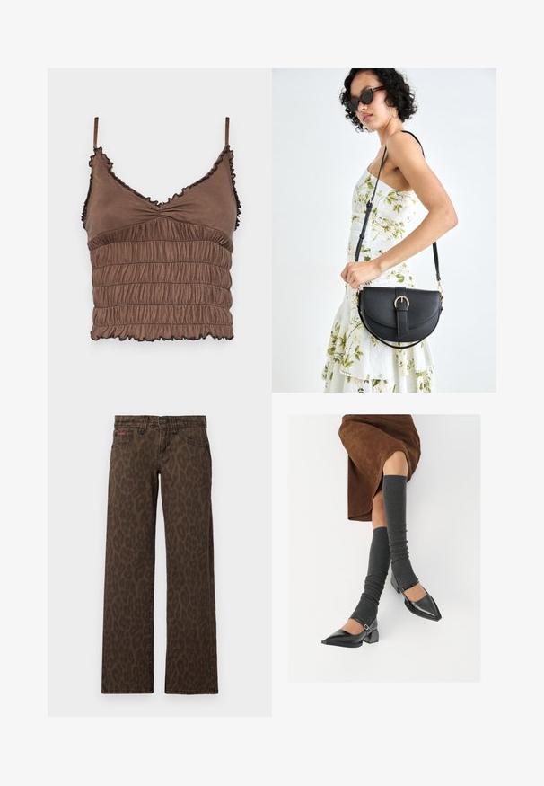 Brown cropped top made of soft fabric, featuring a shirred design, adjustable straps, and ruffled edges with black accents.; Brown leopard print jeans with a straight leg design, featuring a button closure and subtle red branding on the front. Soft denim texture.; Black patent leather pointed-toe shoes with a block heel and ankle strap, paired with gray ribbed leg warmers and a brown suede skirt.; Black leather handbag with a curved shape, detachable strap, and gold hardware. The bag features a flap with a buckle detail.
