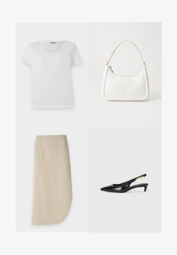 T-shirt blanc à manches courtes en tissu doux, avec un col rond et un ourlet droit sans motifs ni accents visibles.; Jupe beige jusqu'aux genoux avec une texture douce, présentant un ourlet incurvé et des poches latérales. Design minimaliste sans fermetures visibles.; Talons hauts en cuir noir avec un bout pointu, dotés d'un talon fin et d'un accent en ton or sur la lanière réglable. Texture lisse.; Sac à main en cuir blanc avec une forme courbée, arborant un logo "CK" embossé à l'avant et une seule bandoulière. Fermeture à glissière en haut.