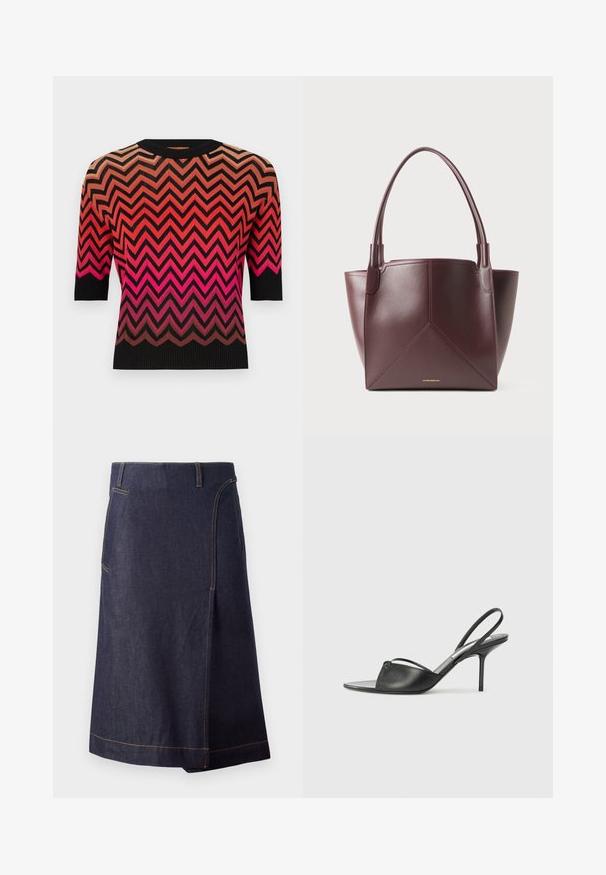 Pletený top s krátkým rukávem, zdobený zigzagovým vzorem v gradientních odstínech růžové až černé. Ribovaný výstřih a černé rukávy dokončují tento design.; Džínová sukně s tmavě modrou barvou, áčkovým střihem a oranžovým prošíváním. Obsahuje dvě boční kapsy a délku ke kolenům.; Černé kožené lodičky na odkryté patě s špičatou špičkou, tenkým řemínkem kolem kotníku a jehlovým podpatkem. Obsahují uzlový detail na nártu.; Tmavě hnědá kožená taška přes rameno s dvěma uchy a geometrickým štepováním, s malým zlatým nápisem značky v dolní části uprostřed.
