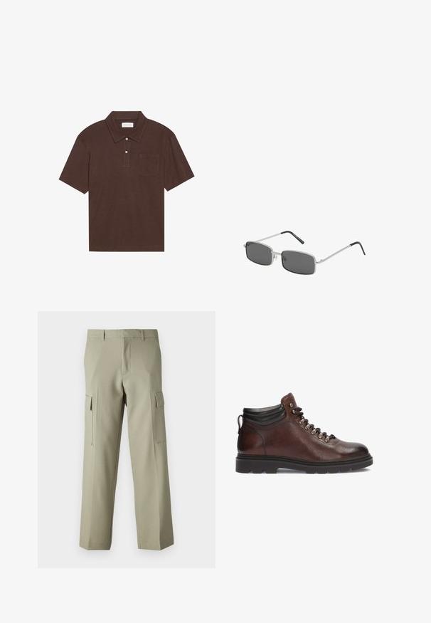 Ruskea polo-paita, joka on valmistettu pehmeästä kankaasta. Siinä on kauluspaita, kolme nappia ja vasemmassa rinnassa tasku. Lyhyet hihat ja rento istuvuus.; Vaaleanvihreät cargo-housut suoranlahkeisella muotoilulla, joissa on sivutaskut ja sileä kankaan koostumus. Takaviistosta näkymä esillä.; Ruske nahkaste pohodniške čevlje z teksturirano površino, srebrnimi obročki in črnimi gležnjarji. Gumijast podplat z robustnim profilom.; Aurinkolasit, joissa on suorakulmainen muoto, tummanharmaat linssit, ohut hopeametallinen kehys ja mustat kumipäällysteiset templetipit. Minimalistinen muotoilu.