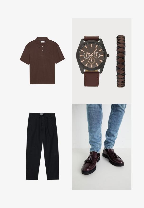 Brah pr polo majica iz mehkega materiala, ki ima ovratnik, placket s tremi gumbi in žep na levi strani prsnega predela. Kratki rokavi, sproščen kroj.; Pier One Hlače chino - black; Burgundske usnjene loaferice s resicami in teksturirano zgornjo plastjo, v kombinaciji z svetlo modrimi jeans hlačami. Vidna črna gumijasta podplat.; Pier One SET - Ura - black/brown