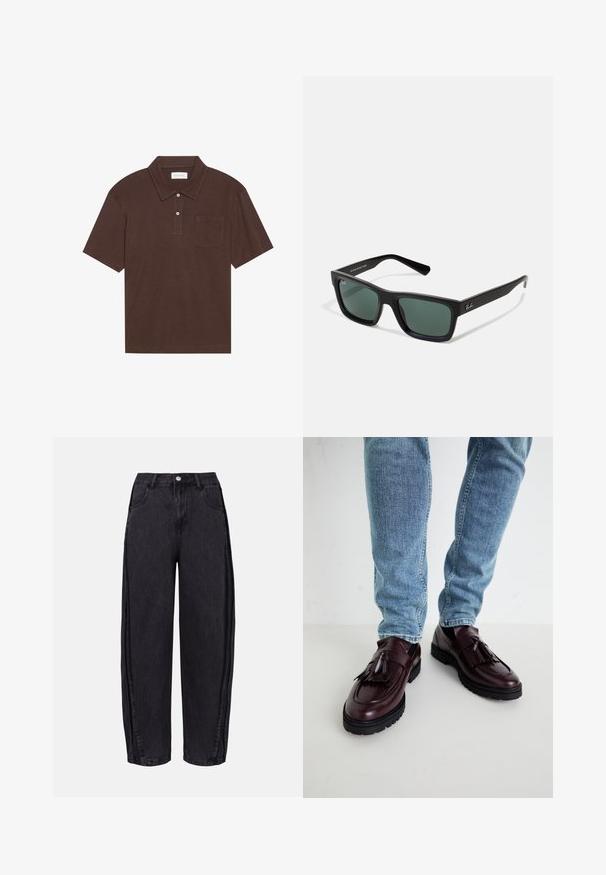 Brown polo shirt made of soft fabric, featuring a collar, three-button placket, and a left chest pocket. Short sleeves, relaxed fit.; Black wide-leg jeans made of denim with a smooth texture. Features a high waist, front pockets, and button closure at the waistband.; Burgundy leather loafers with tassels and a textured upper, paired with light blue denim jeans. Black rubber sole visible.; Black rectangular sunglasses with green lenses, featuring a matte finish, straight temples, and the Ray-Ban logo on the side.