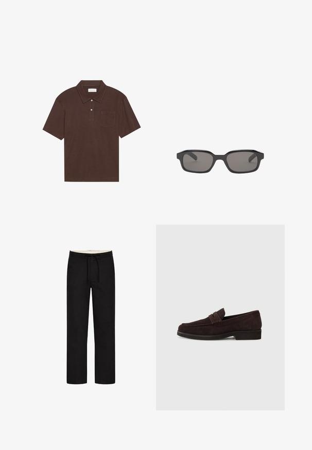 Barna pólóing puha anyagból, gallérral, háromgombos záródással és bal oldali mellzsebbel. Rövid ujjú, laza szabású.; Fekete, egyenes szárú nadrág, elasztikus derékkal, húzózsinórral és visszafogott dizájnnal. Puha szövet tapintása. Nincsenek látható minták vagy kiegészítők.; Barna velúr lóferek alacsony profilú, kerek orrú kivitelben. Díszítő pánt található a felső részen, lapos gumitalp, és nincs látható varrás.; Fekete, téglalap alakú napszemüveg sötét szürke lencsékkel, vastag műanyag kerettel és sima textúrával. Nincs látható márkázás.