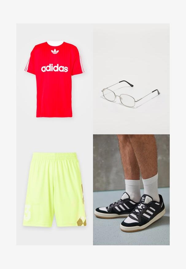 Punane Adidas'i T-särk, millel on valge logo ja kolm triipu varrukatel, valmistatud kergest kangast ning ümarast kaelusest disain.; Neoonkollased spordilühikesed püksid elastse vöökoha ning valge "3" logo ja kuldse geomeetrilise mustriga alumises paremas servas.; Mustvalged ja valged spordijalatsid, mille pealmine osa on valmistatud suede'ist ja nahast. Kingadel on kolm valget riba, auguline varvas ja kummist tald.; Metallraamidega prillid, ovaalse raamiga, hõbedaste äärtega ja selgete läätsedega. Õhukesed, sirged käepidemed mustade otstega, minimalistlik disain.