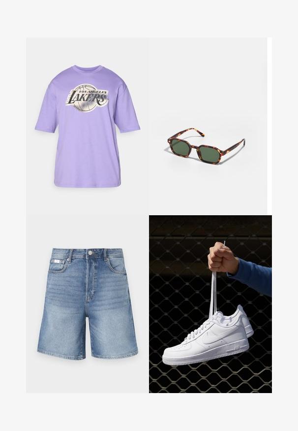 Lavender short-sleeve t-shirt with a round neck and a central graphic featuring a basketball and "Los Angeles Lakers" text in black and silver.; Denim shorts in light blue, featuring a classic cut, five-pocket design, and contrasting stitching. Material is smooth with a slight fade.; White leather sneakers with perforations, round toe, flat sole, and thick laces, featuring a visible swoosh logo and "AIR" on the heel.; Tortoiseshell sunglasses with green lenses, featuring an octagonal shape and slim, curved arms. Material has a glossy finish.