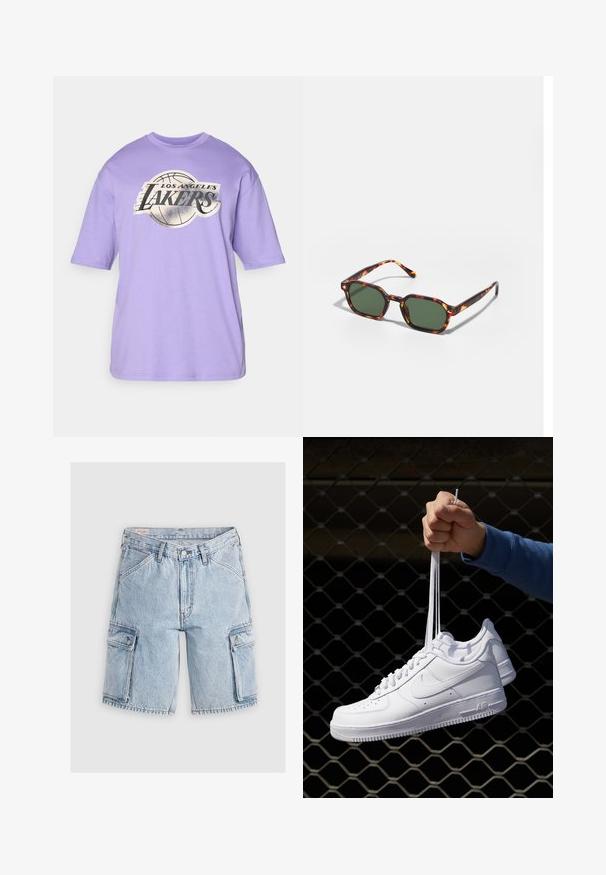 Lila rövid ujjú póló kerek nyakkal, középen egy kosárlabda grafikával, rajta a "Los Angeles Lakers" felirattal fekete és ezüst színben.; Világoskék farmer cargo rövidnadrág laza fazonnal, két oldalsó zsebbel és varrott részletezéssel az illesztéseken.; Fehér bőr sportcipők perforációval, kerek orral, lapos talppal és vastag fűzőkkel, látható swoosh logóval és "AIR" felirattal a sarokrészen.; Tortoise mintás napszemüveg zöld lencsékkel, nyolcszögletű kialakítással és vékony, ívelt karokkal. Az anyag fényes felületű.