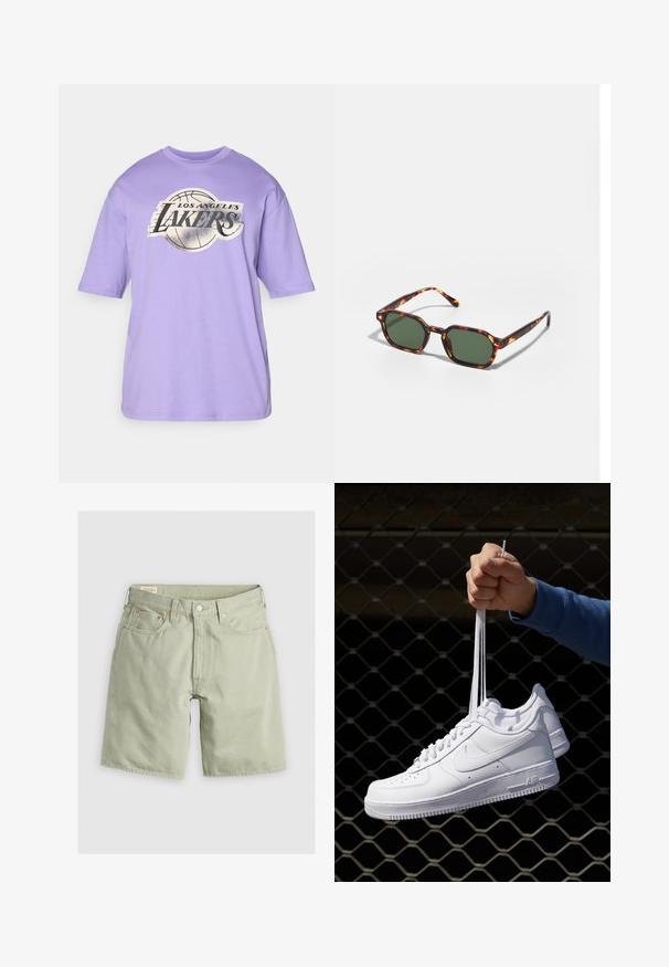 T-shirt de manga curta lilás com um decote redondo e um gráfico central que apresenta uma bola de basquete e o texto "Los Angeles Lakers" em preto e prata.; Bermudas de ganga verde claro com corte reto, cinco bolsos e detalhes em tom cobre. Apresenta costura ao longo da barra e da cintura.; Sapatilhas de couro branco com perfurações, biqueira redonda, sola plana e atacadores grossos, apresentando um logotipo swoosh visível e "AIR" no calcanhar.; Óculos de sol em padrão tartaruga com lentes verdes, apresentando uma forma octogonal e hastes curvas e finas. O material tem um acabamento brilhante.