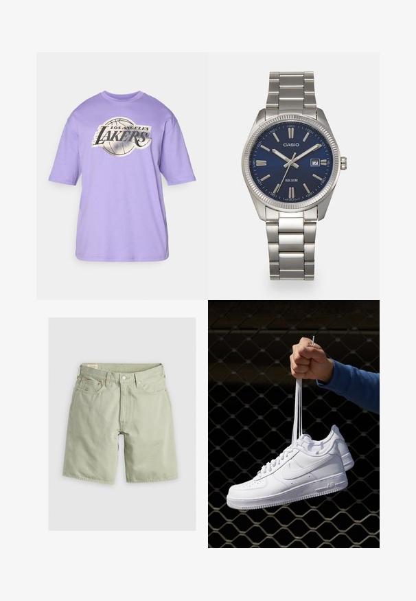 Levandulové tričko s krátkým rukávem, kulatým výstřihem a centrální grafikou zobrazující basketbalový míč a nápis "Los Angeles Lakers" v černé a stříbrné barvě.; Světle zelené džíny s rovný střih, pěti kapsami a měděně tónovanými detaily. Obsahuje prošívání podél lemu a pásku.; Bílé kožené tenisky s perforacemi, kulatou špičkou, plochou podrážkou a silnými tkaničkami, které mají viditelné logo swoosh a nápis "AIR" na patě.; Stříbrný nerezový náramkový hodinky s navy modrým ciferníkem, kovovými hodinovými značkami a oknem pro datum na hodině 3. Vodotěsné do 50 metrů.