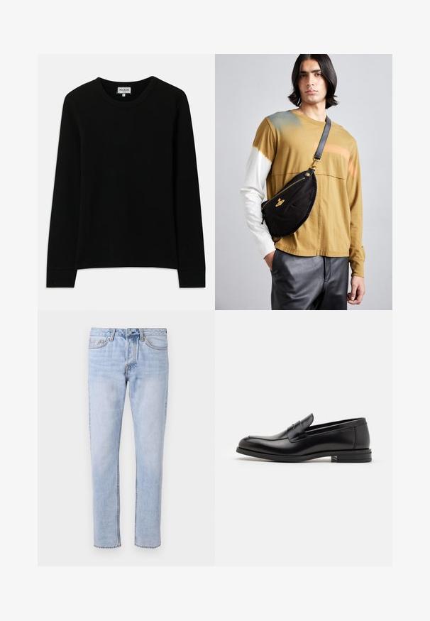 Melna garenapu sētā krekls ar garām piedurknēm un apaļu kakla izgriezumu, ar etiķeti Paul & Joe Paris, izmērs vidējais, attēlots uz baltas fona.; Gaiši zili džinsi ar taisnu kāju, piecu kabatu dizainu un pastiprinātām šuvēm. Klasiska pogu un rāvējslēdzēja aizdare.; Melnas ādas kurpes ar gludu tekstūru, noapaļu purngalu un dekoratīvu siksniņu pāri priekšpusei. Zems sakrauts papēdis, minimālisma dizains.; Vivienne Westwood CITY BUMBAG UNISEX - Jostas soma - black