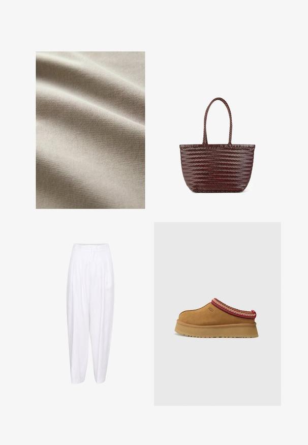 Bežna tkanina z gladko, teksturirano površino, ki prikazuje subtilne vodoravne črte in gubice, kar kaže na mehkobo in fleksibilnost.; Bela lanena hlače z visokim pasom, z nagubami spredaj in sproščenim silhuetom, ki se zožijo do gležnja. Gladka tekstura, brez vzorcev.; Rjavi suede natikači z rdečo in smetano obrobo z vzorcem, teksturiranimi podplati in logotipom UGG na strani. Imajo rahlo povišano platformo.; L37 FIND A WAY OUT - Torbica - bronze