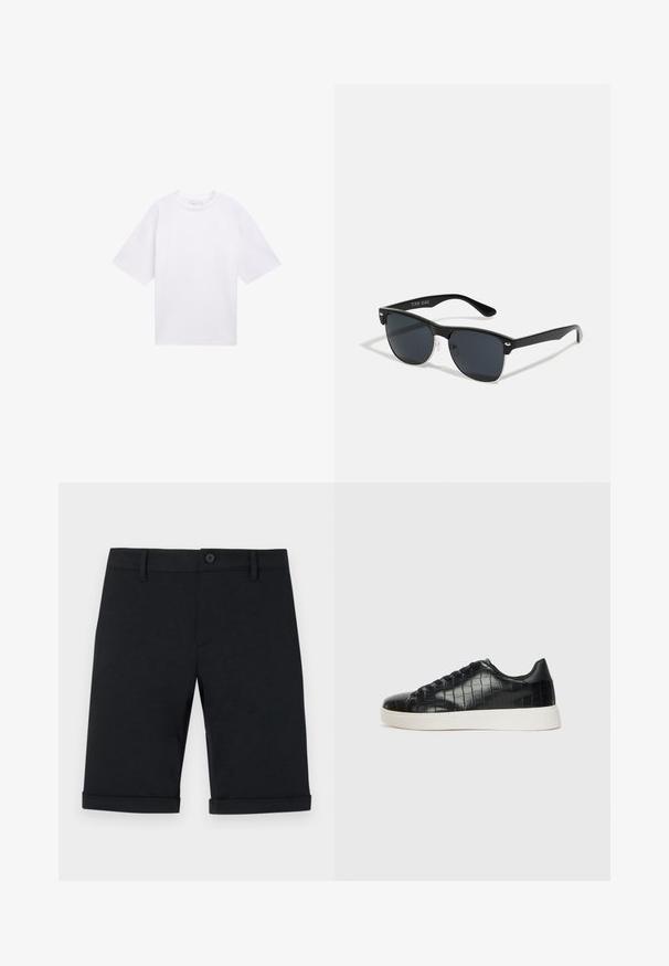 White short-sleeve T-shirt made of cotton. Relaxed fit with a crew neckline. Smooth texture and no visible patterns or accents.; Black cotton shorts with a button closure, featuring a flat front, rolled cuffs, and back pockets. Smooth texture and tailored fit.; Black sneakers featuring a textured croc-embossed leather upper, rounded toe, and a contrasting white rubber sole with a smooth finish.; Black sunglasses with a rectangular shape, dark lenses, silver accents at the temples, and a matte finish on the frame.