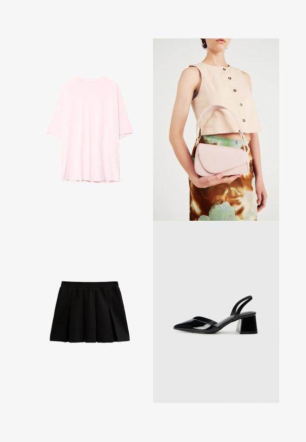 Helles rosa Übergrößen-T-Shirt aus weicher Baumwolle. Rundhalsausschnitt, kurze Ärmel und ein hinten leicht längerer Saum. Keine sichtbaren Muster oder Akzente.; Schwarzer, plissierter Rock mit einem figurbetonten Bund, aus glattem Stoff gefertigt. Verfügt über scharfe Falten, die eine ausgestellte Silhouette erzeugen.; Schwarze Lackleder-Slingback-High Heels mit spitzem Schuh und einem geometrischen Blockabsatz. Verfügt über ein schlankes, minimalistisches Design und eine glatte Textur.; Rosa Lederhandtasche mit gewölbtem Deckel, einem Schulterriemen und klaren Linien. Die Tasche zeigt eine glatte Textur und ein minimalistisches Design.