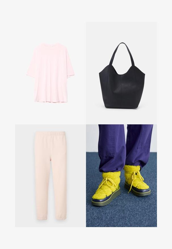 Vaaleanpunainen ylisuurikokoinen T-paita, joka on valmistettu pehmeästä puuvillasta. Pyöreä kaula-aukko, lyhyet hihat ja hieman pidempi takasauma. Ei näkyviä kuvioita tai koristeita.; Vaaleanpunaiset collegeshortsit, joissa on joustava vyötärö ja kerätty lahje, valmistettu pehmeästä puuvillasekoitekankaasta, jonka pinta on sileä.; Keltaiset pörröiset saappaat, joissa on pyöreä kärki, tekstuuroitua kangasta ja vihreä kumipohja. Varustettu keltaisilla nauhoilla ja tummansinisellä korostuksella kärjen ympäri.; Mustat kangaskassit, jotka on valmistettu sileästä nahasta, jossa on kaareva, avoin yläosa, kaksi olkahihnaa ja minimalistinen muotoilu.