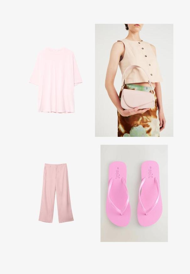 Light pink oversized T-shirt made of soft cotton. Round neckline, short sleeves, and a slightly longer back hem. No visible patterns or accents.; Light pink wide-leg pants made of smooth fabric. Features a structured waistband and straight, flowing legs, with no visible patterns or hardware.; Pink rubber flip-flops with textured footbed and thin, smooth straps. Brand name "self." embossed on the footbed.; Pink leather handbag with a curved flap, single shoulder strap, and clean lines. The bag exhibits a smooth texture and minimalistic design.