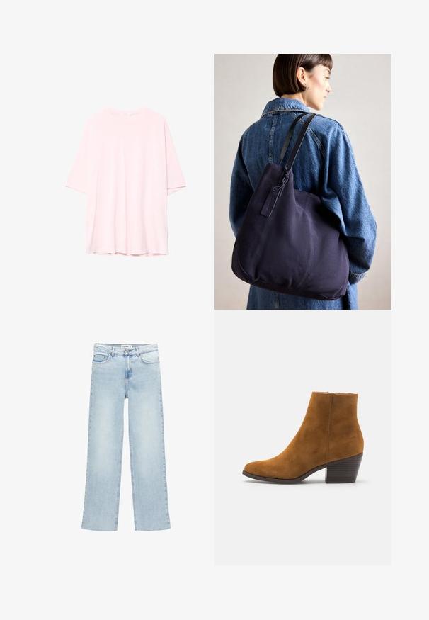 Svijetloružičasta oversize majica od mekanog pamuka. Okrugli izrez, kratki rukavi i malo duži stražnji rub. Bez vidljivih uzoraka ili akcenata.; Svijetloplave široke traperice izrađene od denima s visokim strukom, pet džepova i zatvaračem na gumbe. Ima minimalne detalje šivanja.; Smeđi nubuk čizme do gležnja s šiljastim nosom i složenim potplatom. Glatka tekstura s bočnim patentnim zatvaračem. Klasičan dizajn i oblik.; Mornarska platnena torba s mekim, strukturiranim oblikom, s crnim remenom, šavnim detaljima i malom oznakom branda.