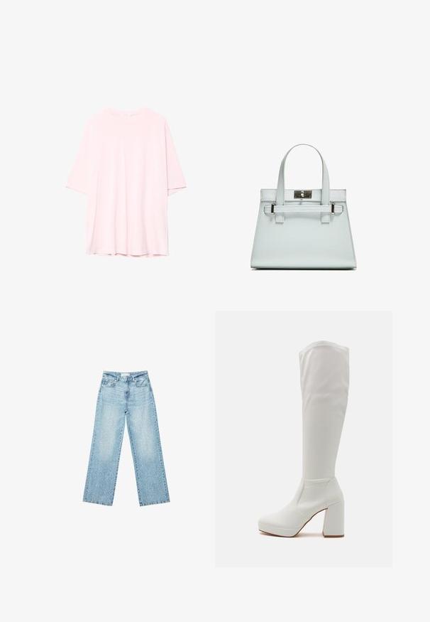 Lyserød oversized T-shirt lavet af blød bomuld. Rund halsudskæring, korte ærmer og en lidt længere baghæng. Ingen synlige mønstre eller accenter.; Lyseblå denim bukser med bred benvidde og høj talje, præget af en falmet vask og små, spredte slidte detaljer overalt.; RAID CANNON - Plateaustøvler - white; Lyseblå håndtaske med struktureret design, to håndtag og spænde i sølvfarvet metal. Tekstureret materiale og skarpe hjørner.