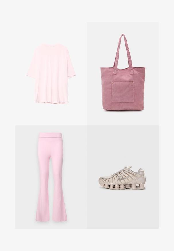 Svetlo roza oversized majica iz mehke bombažne tkanine. Okrogli izrez, kratki rokavi in nekoliko daljši zadnji rob. Brez vidnih vzorcev ali akcentov.; Gina Tricot SOFT TOUCH FOLDED TROUSERS - Hlače - pink lady; Svetlo bež športna obuvala z mrežasto zgornjim delom, strukturirano zasnovo in značilno oblazinjeno podplat, ki vsebuje valjaste sekcije.; Roza kordna torba z dvema dolgima ročajema, ki ima sprednji žep in subtilno rebrasto teksturo. Gladek notranji del.