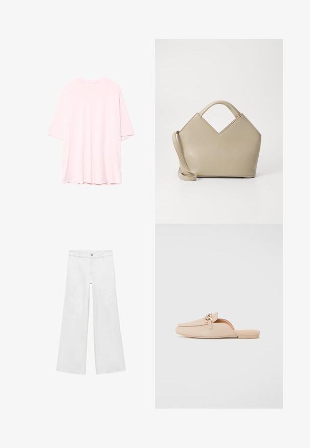 Svijetloružičasta oversize majica od mekanog pamuka. Okrugli izrez, kratki rukavi i malo duži stražnji rub. Bez vidljivih uzoraka ili akcenata.; Bijele hlače širokih nogavica s dugmetima i pet džepova, izrađene od denima s glatkom teksturom, s klasičnim dizajnom.; Bež slip-on mule cipele s okruglim nosem, od glatke kože, s akcentima u zlatnoj boji i ravnim potplatom. Minimalistički dizajn.; Bež torba sa strukturom i V-oblikovanim vrhom, napravljena od glatke kože, sa kratkim drškama i dugim podesivim remenom. Minimalistički dizajn.