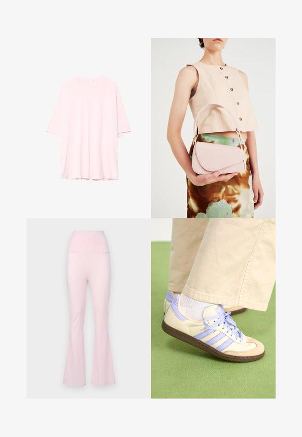 Světle růžové oversized tričko vyrobené z měkké bavlny. Kolo výstřih, krátké rukávy a mírně delší zadní lem. Žádné viditelné vzory ani akcenty.; Světle růžové jogger kalhoty s rozšířenými nohavicemi vyrobené z měkkého, elastického materiálu s vysokým pasem a hladkým povrchem, bez viditelných vzorů nebo kovových prvků.; Krémové a levandulové tenisky se třemi pruhy a texturovanou hnědou podrážkou, vybavené tkaničkami a polstrovanou patou. Měkký textilní svršek.; Růžová kožená kabelka s zakřiveným klopou, jedním ramenním popruhem a čistými liniemi. Taška má hladkou texturu a minimalistický design.