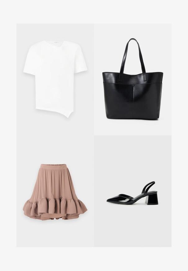 Balta trumpa rankovėmis marškinėliai, pagaminti iš medvilnės. Pasižymi asimetriška apatine kraštine ir nedideliu V formos kaklu be siūlų. Glotni tekstūra.; Šviesiai ruda kelio ilgio sijonas, pagamintas iš minkštos medžiagos, turintis platų liemenį ir išplatintą, sluoksniuotą volaną. Slydus paviršius visame sijone.; Juodos lakuotos odinės šlepetės su smailiu pirštu ir geometriniu bloko kulnu. Turi elegantišką, minimalistinį dizainą ir lygų paviršių.; Juoda odinė rankinė su dviem ilgais diržais, lygiu paviršiumi ir struktūrizuota forma. Yra priekinė kišenė papildomam saugojimui.