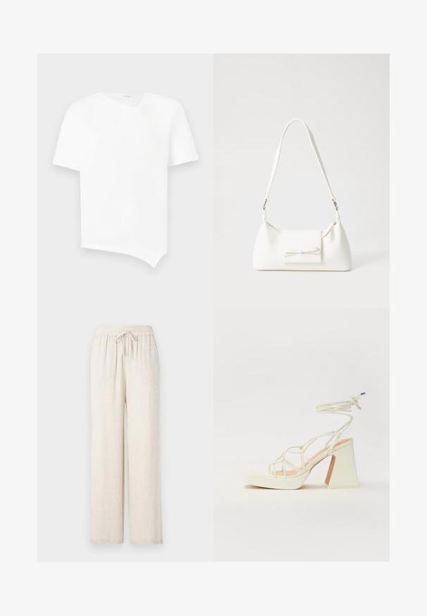 White short-sleeve T-shirt made of cotton. Features an asymmetrical hemline and a slight V-neck with seamless design. Smooth texture.; Light beige, wide-leg pants made from a soft, textured material. Features an elastic waistband with a drawstring for adjustment.; White high-heeled sandal with a chunky heel, featuring a strappy design and ankle tie. Smooth texture with a platform front for added height.; White synthetic handbag with a triangular shape, flat front flap and bow detail, adjustable strap, smooth texture, and minimalistic design.