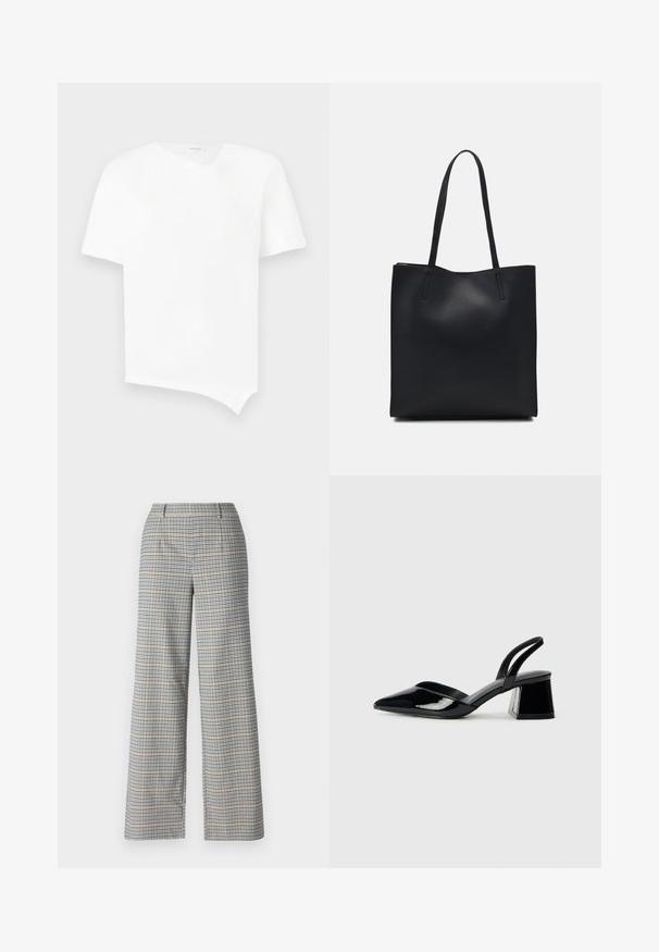Biała koszulka z krótkim rękawem wykonana z bawełny. Posiada asymetryczny dół oraz lekki dekolt w serek z bezszwowym wykończeniem. Gładka tekstura.; Spodnie na szerokich nogawkach w beżowo-granatowo-czarną kratę. Posiadają dwie przednie kieszenie oraz gładki, strukturalny materiał.; Czarne lakierowane półbuty na obcasie z wydłużonym noskiem i geometrycznym słupkiem. Charakteryzują się eleganckim, minimalistycznym designem oraz gładką fakturą.; Czarna skórzana torba tote o gładkiej fakturze, prostokątnym kształcie i dwóch długich uchwytach. Brak widocznych elementów metalowych i ozdób.