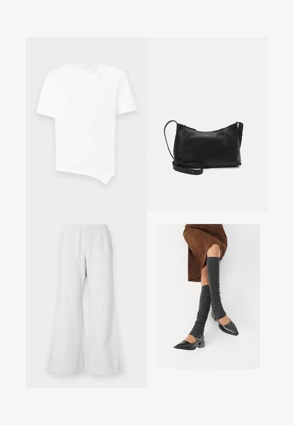 T-shirt bianco a maniche corte in cotone. Presenta un orlo asimmetrico e un leggero scollo a V con design senza cuciture. Tessuto liscio.; Pantaloni tuta grigi chiari a palazzo con vita elasticizzata, realizzati in tessuto morbido e testurizzato. Presentano una vestibilità ampia e aperture per le gambe larghe.; Scarpe nere in pelle verniciata con punta affilata, tacco a blocco e cinturino alla caviglia, abbinate a scaldamuscoli grigi a coste e una gonna in suede marrone.; Borsa a spalla in pelle nera con una texture liscia, forma curva, tracolla regolabile e chiusura con zip. Design minimalista senza ornamenti.