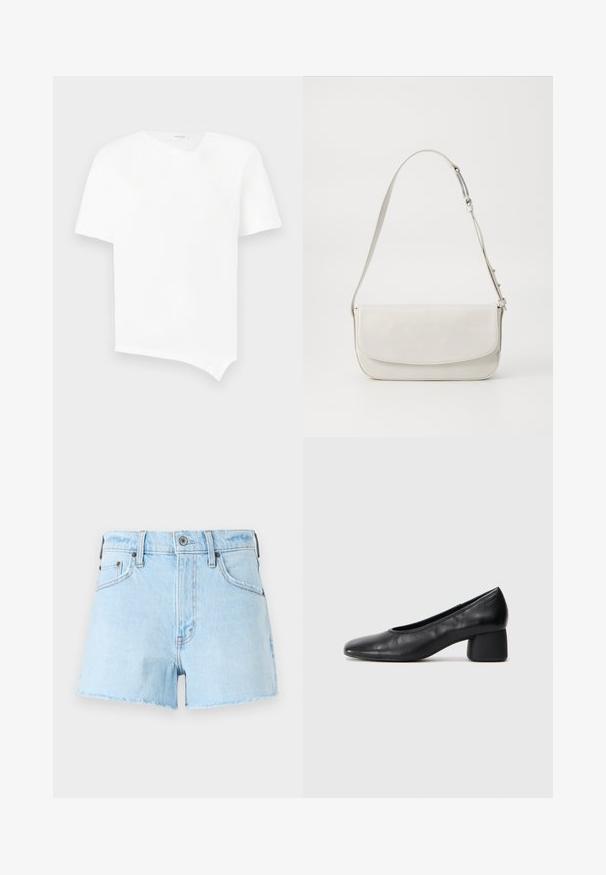 Tricou alb cu mânecă scurtă fabricat din bumbac. Prezintă un tiv asimetric și un decolteu ușor în formă de V cu un design fără cusături. Textură netedă.; Pantaloni scurți din denim de culoare albastru deschis cu un tiv decolorat, având cinci buzunare, închidere cu nasture și detalii cusute pe dungi.; Pantofii din piele neagră au un vârf rotund și un toc de tip bloc de înălțime medie. Au o textură netedă, cu detalii minime, având o deschidere elastică subtilă.; Geantă de umăr din piele albă, cu o finisare netedă, formă rectangulară, închidere cu clapetă și curea ajustabilă. Detaliu simplu de cusătură.