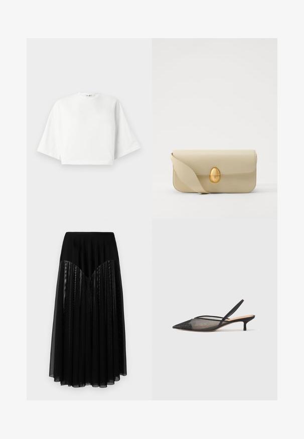 Bela skrajšana majica s sproščenim krojem, kratkimi širokimi rokavi, okroglim izrezom in stranskimi razporki, izdelana iz mehkega bombažnega materiala.; Črna krila z oprijetim pasom, ki vsebuje večplastno nabrano prozorno tkanino in teksturiran dizajn. Dolžina doseže sredino meč, s gladkim zaključkom.; NEOUS IRENA - Klasične pete - black; Bež torbica iz usnja z gladko teksturo, pravokotne oblike in z zlatim ovalnim zapenjanjem. Ima dolgo, nastavljivo naramnico.
