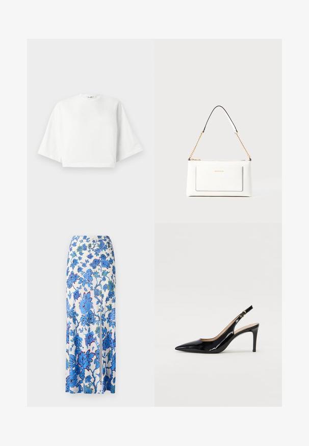 Biely skrátený tričko s voľným strihom, krátkymi širokými rukávmi, okrúhlym výstrihom a bočnými rozparkami, vyrobené z mäkkej bavlny.; Maxi sukňa z bielej látky s modrým kvetinovým vzorom. Obsahuje bočný rozparok a hladký, ľahký materiál.; Čierne lakované kožené slingback lodičky s špicatou špičkou, štíhlým podpätkom a jemným výrezom. Obsahuje zlatú pracku na remienku.; Biele kožené kabelka s textúrovaným povrchom, ktorá má zlatý retiazkový popruh a čierne akcenty. Obsahuje prednú kapsu a zipsové zapínanie.