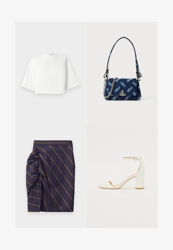 Balta trumpa marškinėlių su laisvu siluetu, trumpos plačios rankovės, apvalus kaklas ir šoninės skeltos, pagaminta iš minkštos medvilnės medžiagos.; Susigusi tamsiai mėlyna sijonas su įstrižomis auksinėmis juostelėmis. Jis turi sus gatherinimo dizainą vienoje pusėje ir juosmens juostelę su sagų detale.; Baltos odos blokinio kulno sandalai, su kulkšnies dirželiu ir sagtimi, minimalistinio dizaino. Atvira pirštų dalis ir sklandžios tekstūros visoje. ; Tamsiai mėlynas audinio rankinukas su tekstūruotu dizainu, sidabrinės spalvos detalėmis ir nuimama grandinėle. Yra užsegimas ant ventiliatoriaus ir logotipo akcentas.