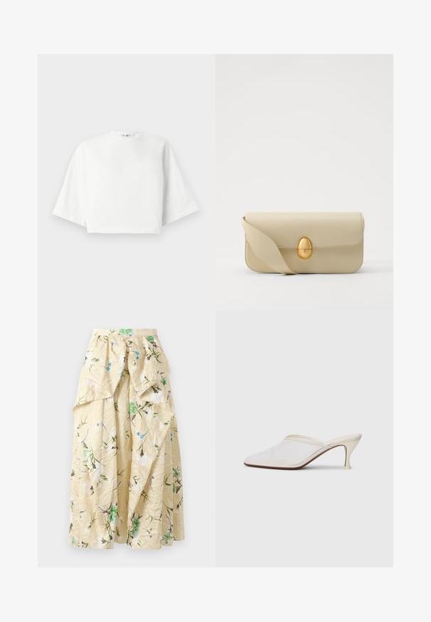 White cropped t-shirt with relaxed fit, short wide sleeves, round neckline, and side slits, made from soft cotton material.; Floral maxi skirt in crinkled yellow fabric, featuring green and blue floral patterns, a high waist, and layered ruffles for volume.; White mesh pointed-toe mule with a slim mid-height heel and slip-on design against a plain background.; Beige leather handbag with a smooth texture, rectangular shape, and a golden oval clasp. Features a long, adjustable strap.