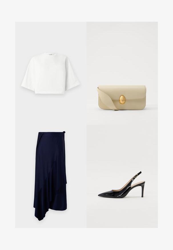 Balta trumpa marškinėlių su laisvu siluetu, trumpos plačios rankovės, apvalus kaklas ir šoninės skeltos, pagaminta iš minkštos medvilnės medžiagos.; Rabanne Pieštukinis sijonas - deep navy; Juodas lakinės odos slingback batelis su smailiu nosiu, plonu kulnu ir subtiliu išpjovos dizainu. Yra auksinė sagtis ant dirželio.; Bežinė odinė rankinė su lygiu paviršiumi, stačiakampio formos ir auksiniu ovaliu užsegimu. Yra ilga, reguliuojama petneša.
