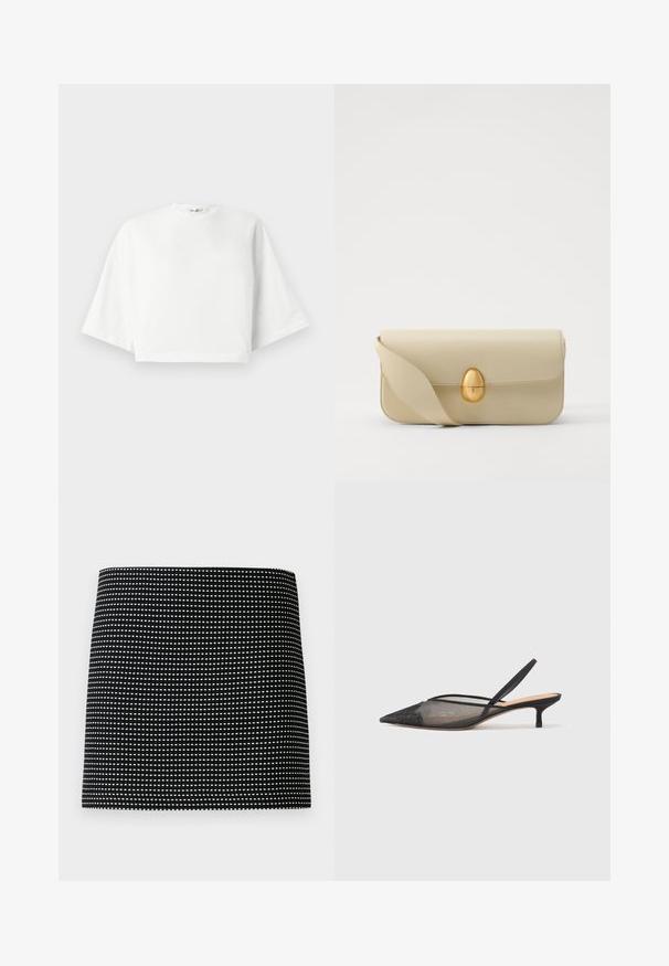 Bela skrajšana majica s sproščenim krojem, kratkimi širokimi rokavi, okroglim izrezom in stranskimi razporki, izdelana iz mehkega bombažnega materiala.; Črna krila iz tkanine z geometrijskim vzorcem malih belih pikic, ravnega kroja in gladke teksture. Preprost in minimalističen dizajn.; NEOUS IRENA - Klasične pete - black; Bež torbica iz usnja z gladko teksturo, pravokotne oblike in z zlatim ovalnim zapenjanjem. Ima dolgo, nastavljivo naramnico.