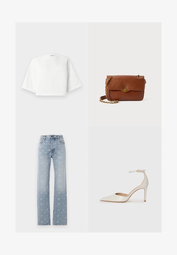 Camiseta branca cropped com ajuste relaxado, mangas curtas largas, decote redondo e fendas laterais, feita de material de algodão macio.; Jeans de perna reta azul claro com estampa floral em rosa desbotada, botão frontal e detalhes de bolsos.; Sapato de salto alto em pele branca com biqueira pontiaguda, faixa no tornozelo e um salto fino de stiletto. Textura suave com um leve acabamento brilhante.; Bolsa de ombro em couro castanho com fecho em aba, acessórios em dourado e alça de corrente. Textura suave, forma retangular, detalhes mínimos.