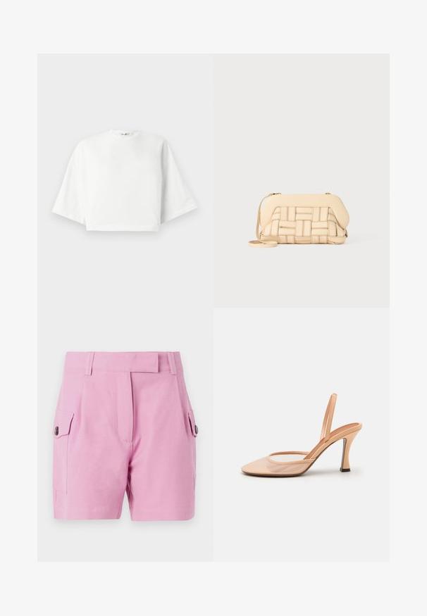 Fehér, rövidített póló laza fazonnal, széles rövid ujjakkal, kerek nyakkal és oldalsó hasítékokkal, puha pamut anyagból készült.; Világos rózsaszín rövidnadrág, amelynek szabott kialakítása van, sima eleje, oldalsó zsebek gombzárakkal, valamint sima szövetű textúra.; Meztelen hálós slingback magassarkú, hegyes orral, vékony bokapánttal és stiletto sarkal, amelynek alján fekete részlet található.; Szőtt bézs táska, amelynek struktúrált kialakítása van, sima tetejével és hosszú pántjával. A texturált részletek fokozzák az összhatást.