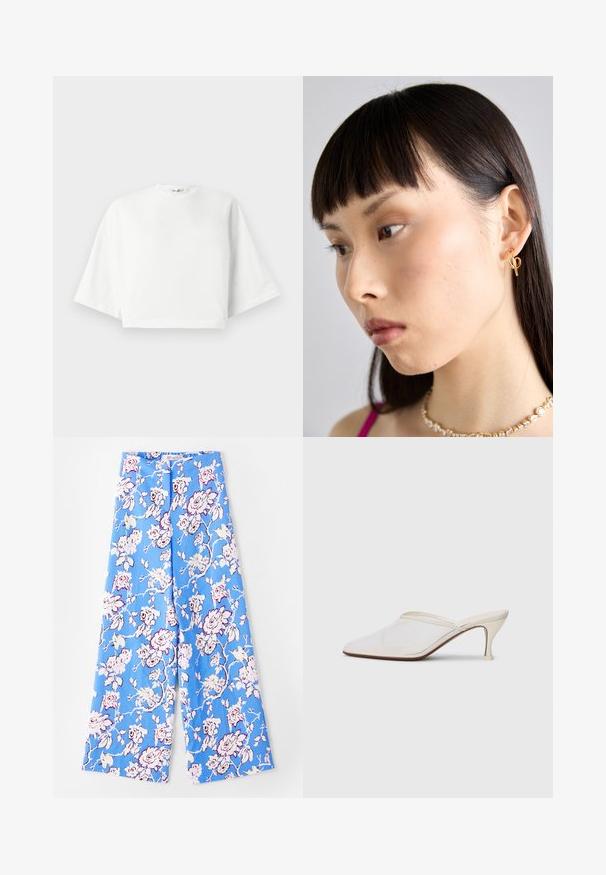 Valkoinen lyhythihainen t-paita, jossa on rento istuvuus, leveät lyhyet hihat, pyöreä pääntie ja sivuhalkiot, valmistettu pehmeästä puuvillamateriaalista.; Siniset kukkapantsut, joissa on vaaleanpunaisia ruusuja. Kangas on sileä, rento istuvuus, leveät lahkeet ja elastinen vyötärö.; Valkoinen verkkokangas teräväkärkinen mulu, jossa on ohut keskipituinen korko ja liukupohjainen muotoilu yksinkertaista taustaa vasten.; Kulta rengas korvakoru, joka on paikallaan oikeassa korvassa, ja siinä on avoin muotoilu. Mallilla on suora, tumma hius ja vähäinen meikki.