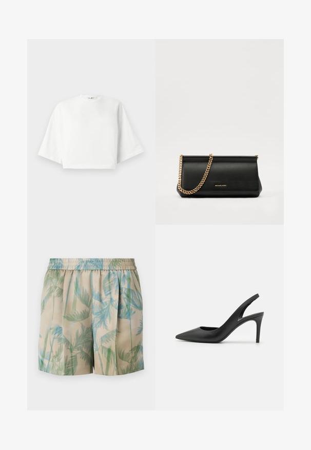 Weißes, kürzer geschnittenes T-Shirt mit lockerer Passform, kurzen, weit geschnittenen Ärmeln, rundem Ausschnitt und seitlichen Schlitzen, aus weichem Baumwollmaterial.; Kurze Hosen aus leichtem Stoff mit beigem Hintergrund und blauen sowie grünen Palmenblattmustern, elastischem Bund und gefälteltem Design.; Schwarze Leder Slingback High Heels mit einem spitzen Zehendesign, das an der Vorderseite ein Ausschnitt hat und einen dünnen Stilettoblock. ; Schwarze Leder-Clutch mit einer goldenen Ketten-Trage, die eine glatte Oberfläche, rechteckige Form und geprägtes Branding auf der Vorderseite aufweist.